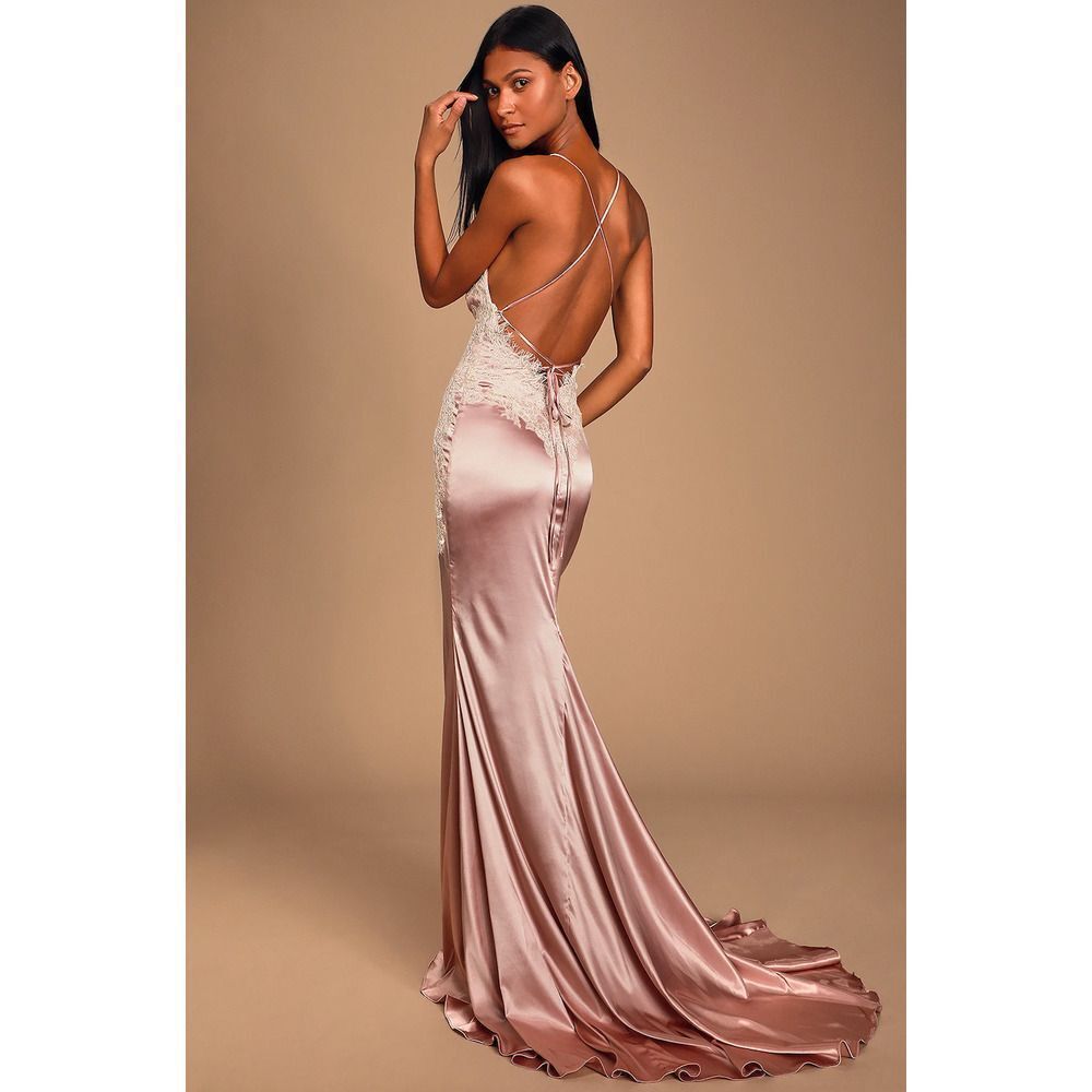 Lulu's Fantasy Come True mauve pink lace satin lace-up maxi dress